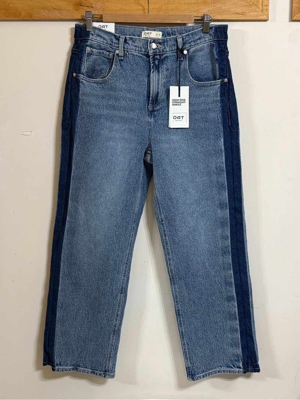 Oat New York Two-Tone Blue High Rise Straight Ankle Jeans